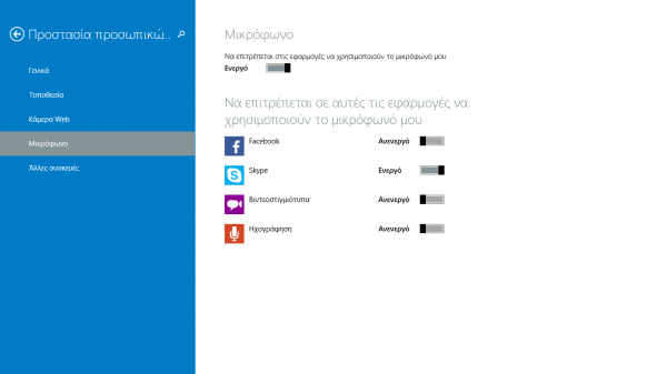 Windows 8.1, επέλεξε τις εφαρμογές που θα χρησιμοποιούν μικρόφωνο και webcam