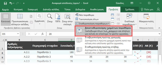 Excel, πώς να κρατήσετε σταθερή την πρώτη γραμμή και στήλη